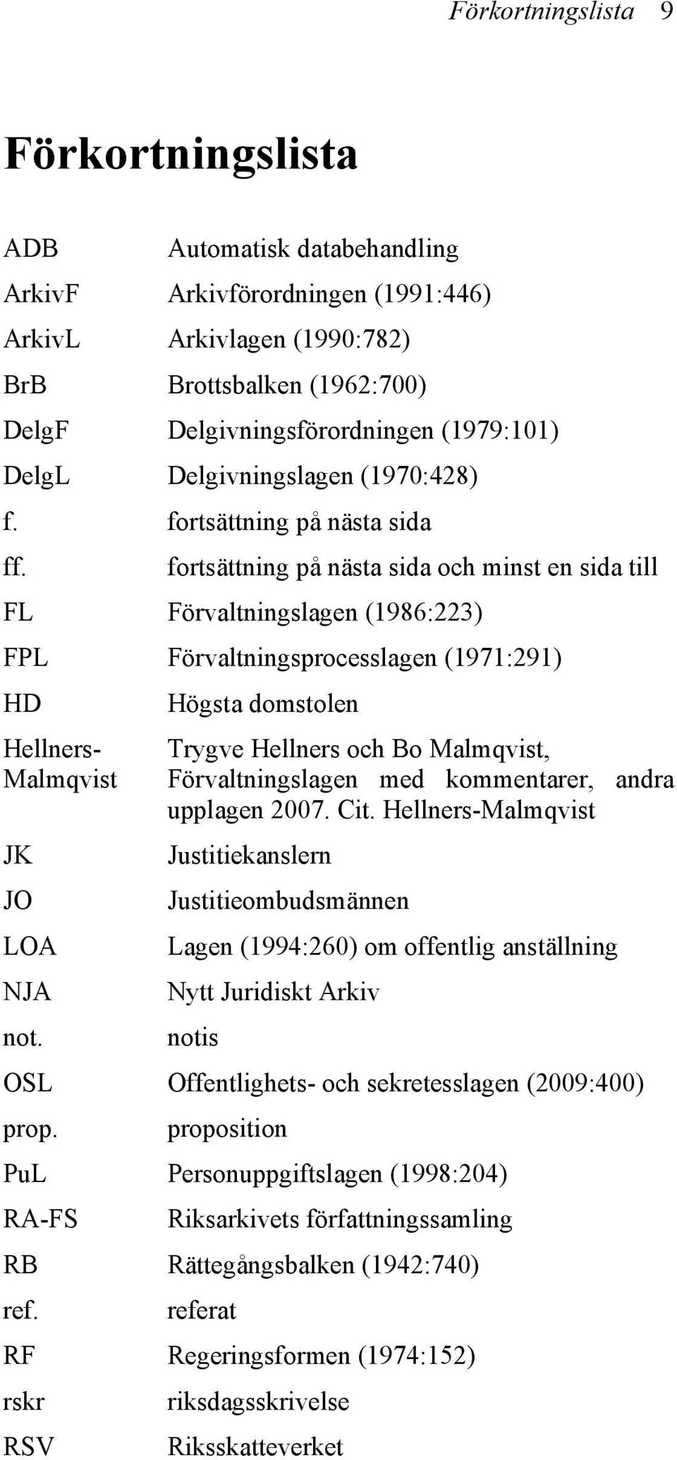 fortsättning på nästa sida och minst en sida till FL Förvaltningslagen (1986:223) FPL Förvaltningsprocesslagen (1971:291) HD Högsta domstolen Hellners- Trygve Hellners och Bo Malmqvist, Malmqvist