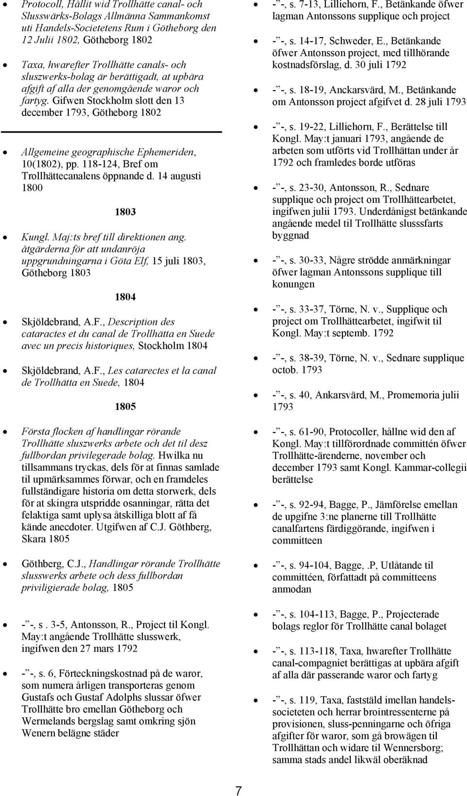 Gifwen Stockholm slott den 13 december 1793, Götheborg 1802 Allgemeine geographische Ephemeriden, 10(1802), pp. 118-124, Bref om Trollhättecanalens öppnande d. 14 augusti 1800 1803 Kungl.