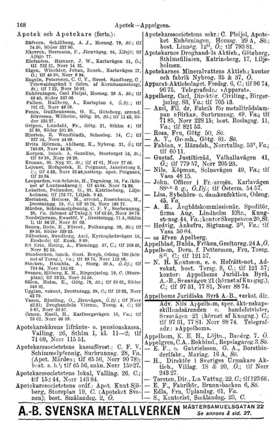 ; Sthlmsfilialen, Katrineberg, 17, Liljeue. 7ö251, Norr 14 31. holmen. Elg~n, Win?kler, Johan, Inneh., Karlavägen 27, Apotekarnes Mineralvattens Aktieb.: kontor o.. blf 4839, Norr 894.