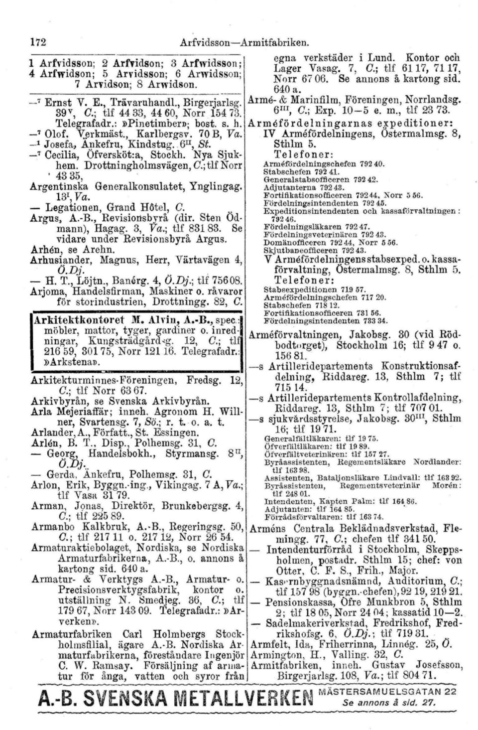 ; tlf Norr o 4335, Argentinska Generalkonsulatet, Ynglingag. 13 ', Va. - Legationen, Grand Hötel, O... Argus, k-b., Revisionsbyrå (dir. Sten Odmann), Hagag. 3, Va.; tlf 83183.