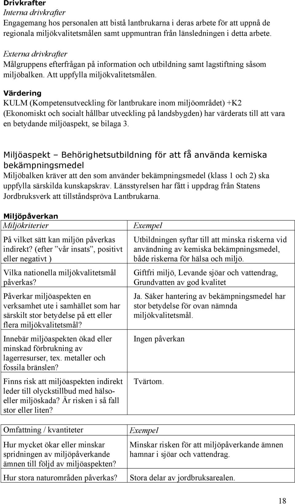 Värdering KULM (Kompetensutveckling för lantbrukare inom miljöområdet) +K2 (Ekonomiskt och socialt hållbar utveckling på landsbygden) har värderats till att vara en betydande miljöaspekt, se bilaga 3.