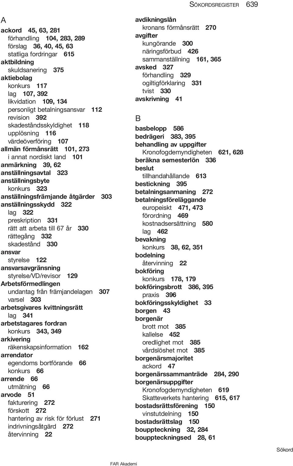 323 anställningsbyte konkurs 323 anställningsfrämjande åtgärder 303 anställningsskydd 322 lag 322 preskription 331 rätt att arbeta till 67 år 330 rättegång 332 skadestånd 330 ansvar styrelse 122