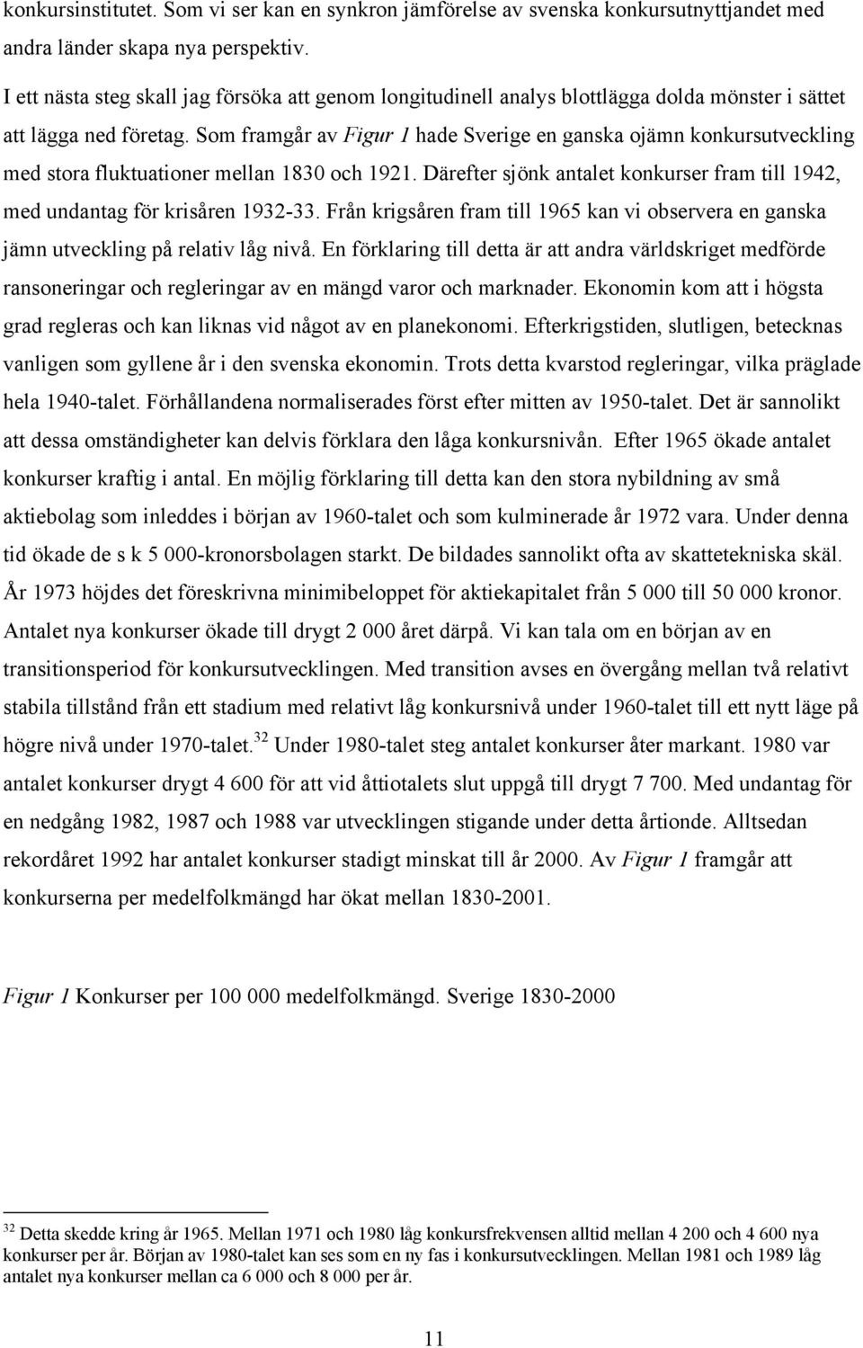 Som framgår av Figur 1 hade Sverige en ganska ojämn konkursutveckling med stora fluktuationer mellan 1830 och 1921. Därefter sjönk antalet konkurser fram till 1942, med undantag för krisåren 1932-33.