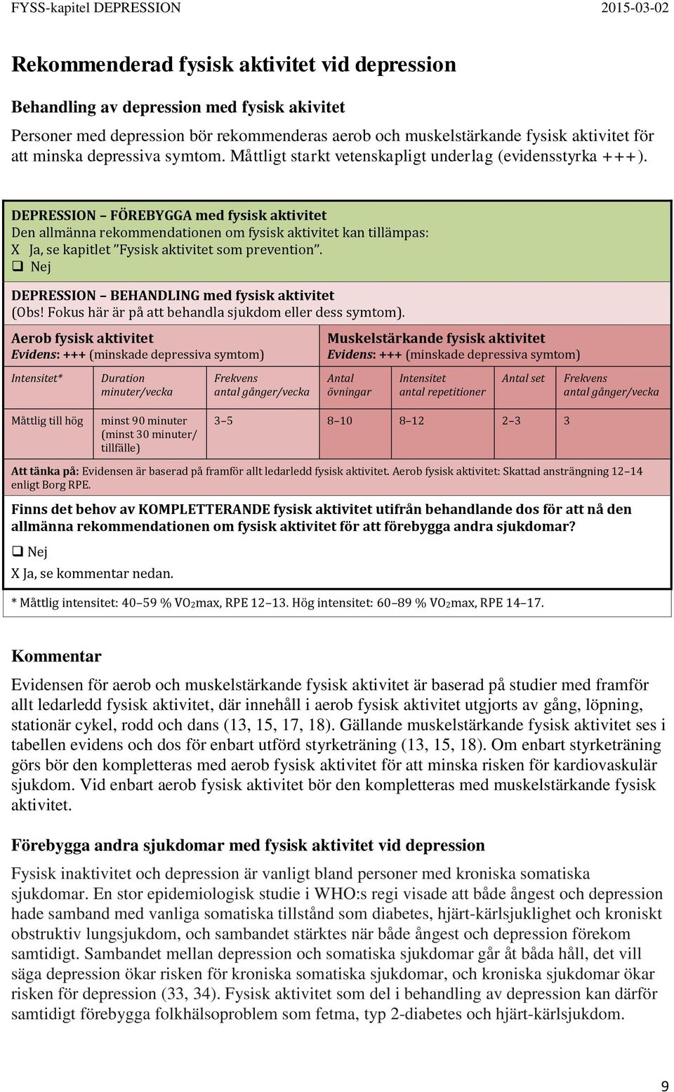 DEPRESSION FÖREBYGGA med fysisk aktivitet Den allmänna rekommendationen om fysisk aktivitet kan tillämpas: X Ja, se kapitlet Fysisk aktivitet som prevention.