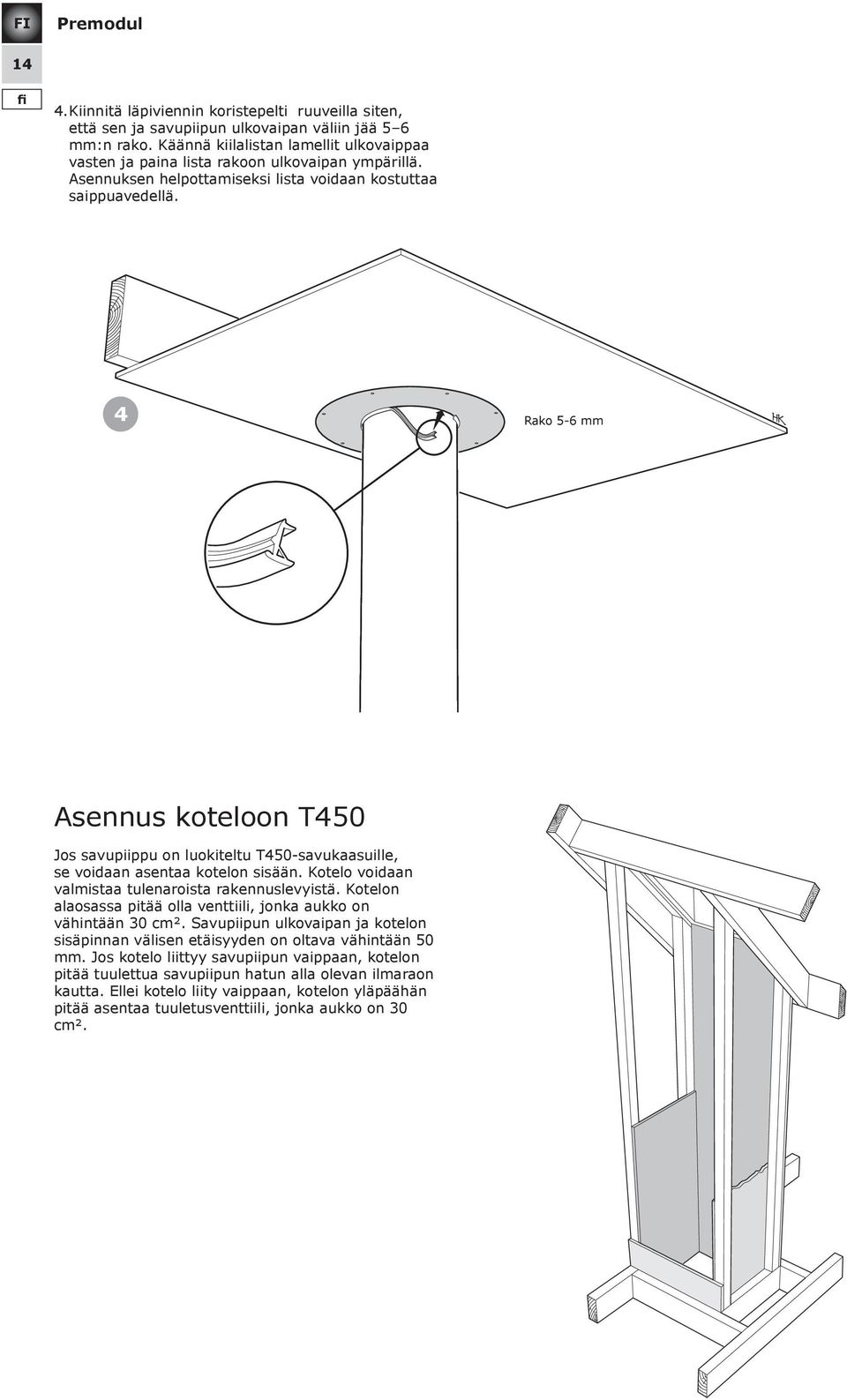 4 Spalt Rako 5-6 5-6 mm mm Asennus koteloon T450 Jos savupiippu on luokiteltu T450-savukaasuille, se voidaan asentaa kotelon sisään. Kotelo voidaan valmistaa tulenaroista rakennuslevyistä.