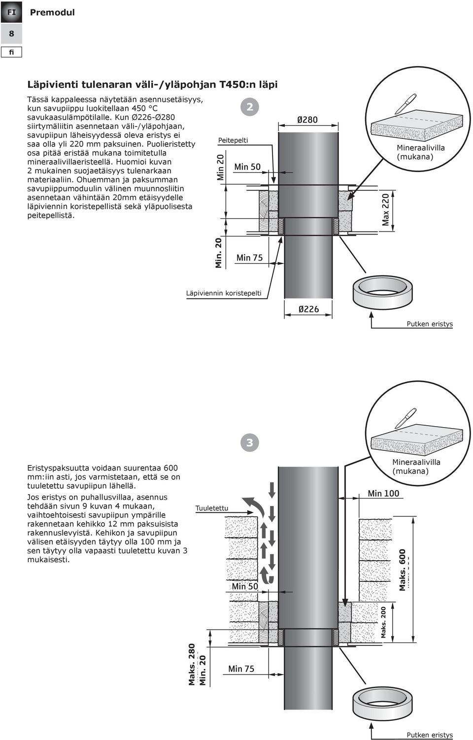 Puolieristetty osa pitää eristää mukana toimitetulla mineraalivillaeristeellä. Huomioi kuvan 2 mukainen suojaetäisyys tulenarkaan materiaaliin.