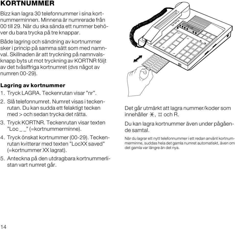 Skillnaden är att tryckning på namnvalsknapp byts ut mot tryckning av KORTNR följt av det tvåsiffriga kortnumret (dvs något av numren 00-29). Lagring av kortnummer 1. Tryck LAGRA.