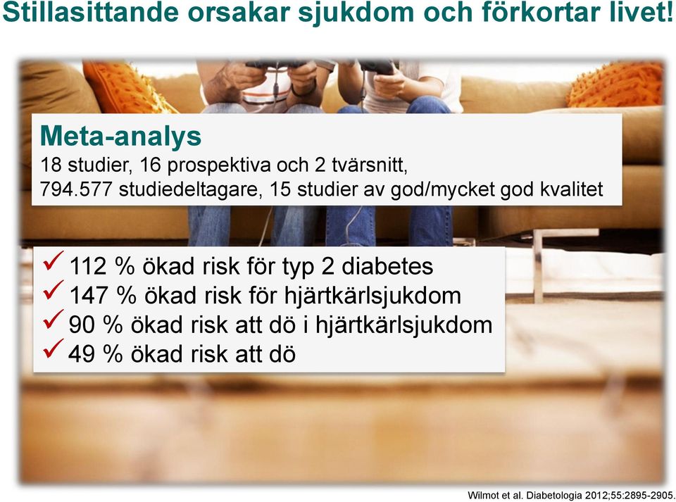 577 studiedeltagare, 15 studier av god/mycket god kvalitet 112 % ökad risk för typ 2