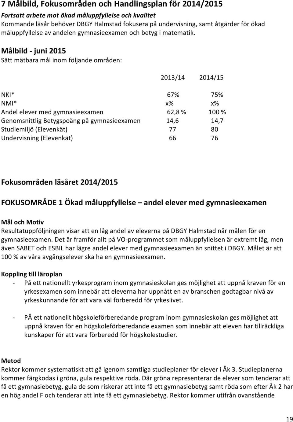 Målbild - juni 2015 Sätt mätbara mål inom följande områden: 2013/14 2014/15 NKI* 67% 75% NMI* x% x% Andel elever med gymnasieexamen 62,8 % 100 % Genomsnittlig Betygspoäng på gymnasieexamen 14,6 14,7