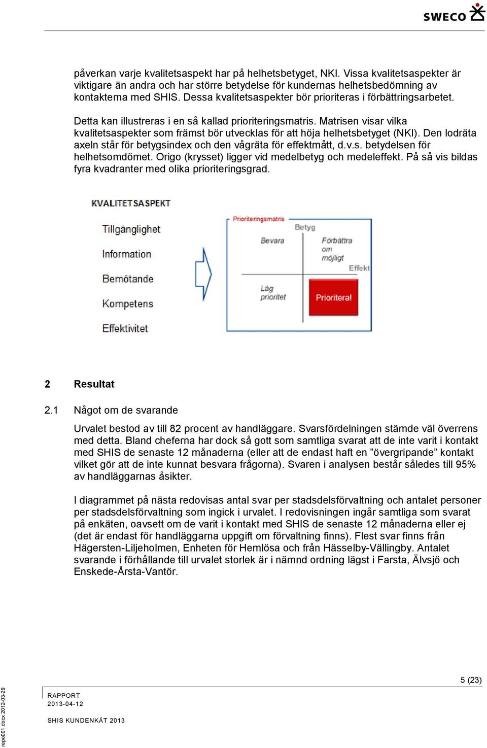 Matrisen visar vilka kvalitetsaspekter som främst bör utvecklas för att höja helhetsbetyget (NKI). Den lodräta axeln står för betygsindex och den vågräta för effektmått, d.v.s. betydelsen för helhetsomdömet.