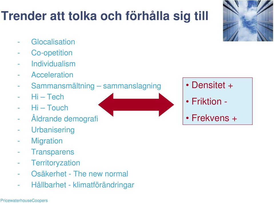 - Urbanisering - Migration - Transparens - Territoryzation - Osäkerhet - The new normal