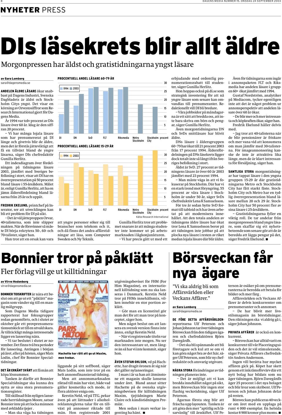 Det visar en körning av Orvestosiffror som Research International gjort för Dagens Media. År 1994 var tolv procent av DIs läsare över 60 år. Idag är den siffran 20 procent.