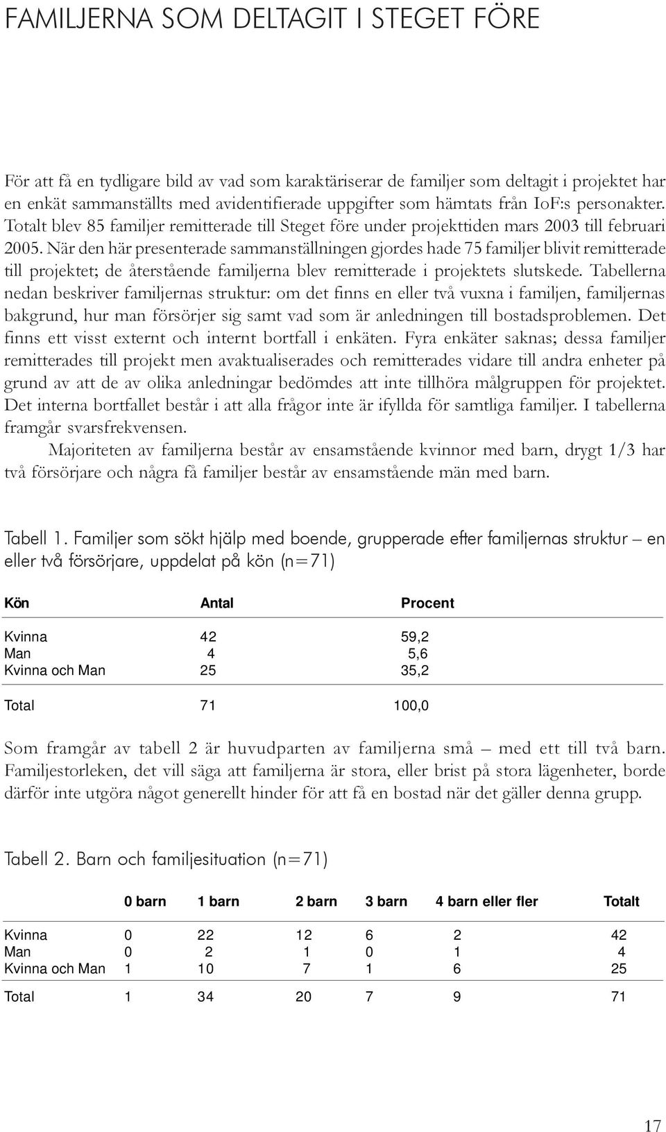 När den här presenterade sammanställningen gjordes hade 75 familjer blivit remitterade till projektet; de återstående familjerna blev remitterade i projektets slutskede.