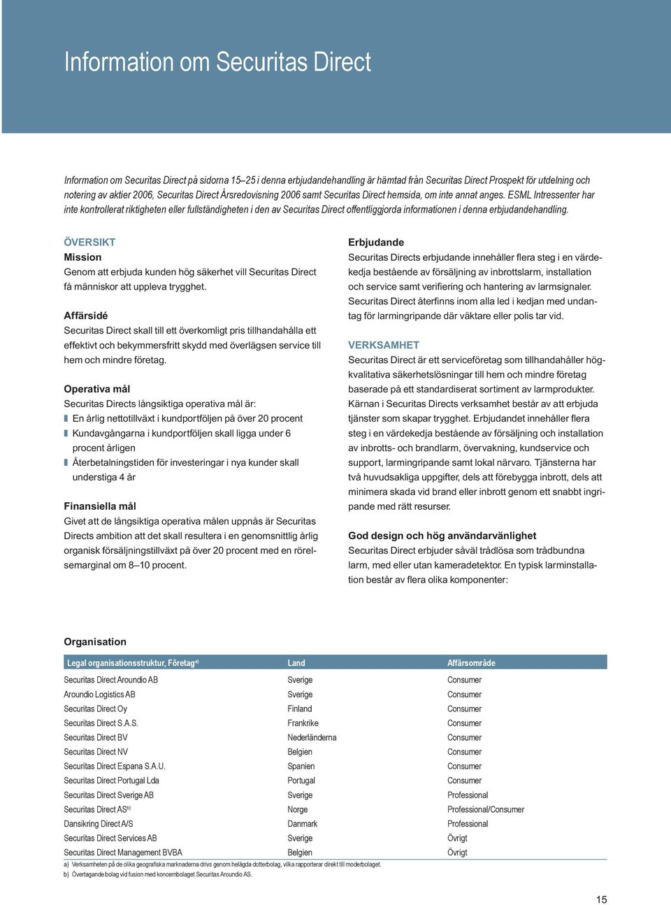 ESML Intressenter har inte kontrollerat riktigheten eller fullständigheten i den av Securitas Direct offentliggjorda informationen i denna erbjudandehandling.