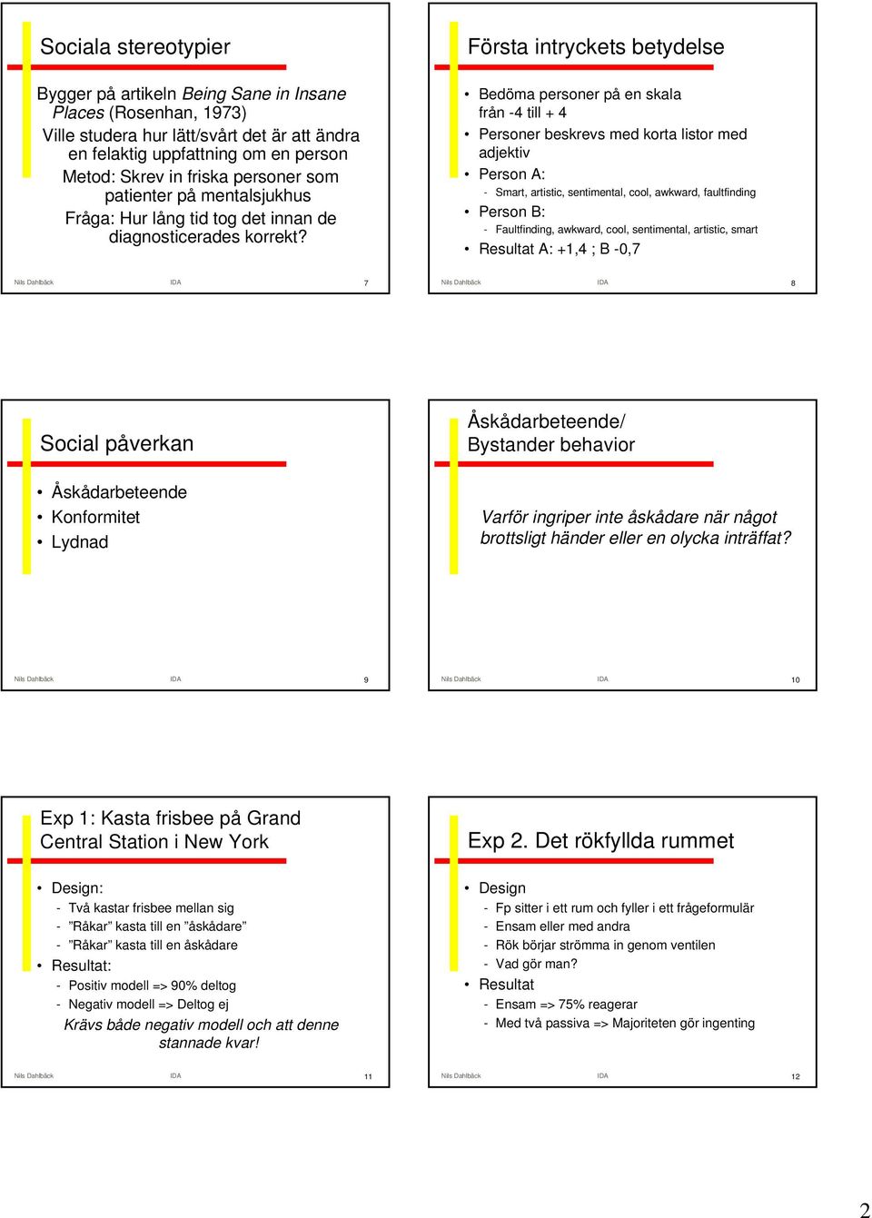 Första intryckets betydelse Bedöma personer på en skala från -4 till + 4 Personer beskrevs med korta listor med adjektiv Person A: - Smart, artistic, sentimental, cool, awkward, faultfinding Person