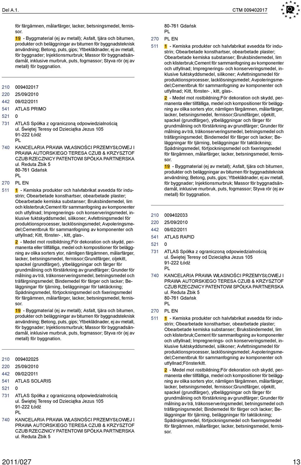 Injektionsmurbruk; Massor för byggnadsändamål, inklusive murbruk, puts, fogmassor; Styva rör (ej av metall) för byggnation. 94217 25/9/21 ATLAS PRIMO ATLAS Spółka z ograniczoną odpowiedzialnością ul.