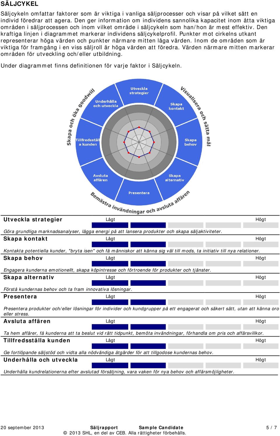 Den kraftiga linjen i diagrammet markerar individens säljcykelprofil. Punkter mot cirkelns utkant representerar höga värden och punkter närmare mitten låga värden.