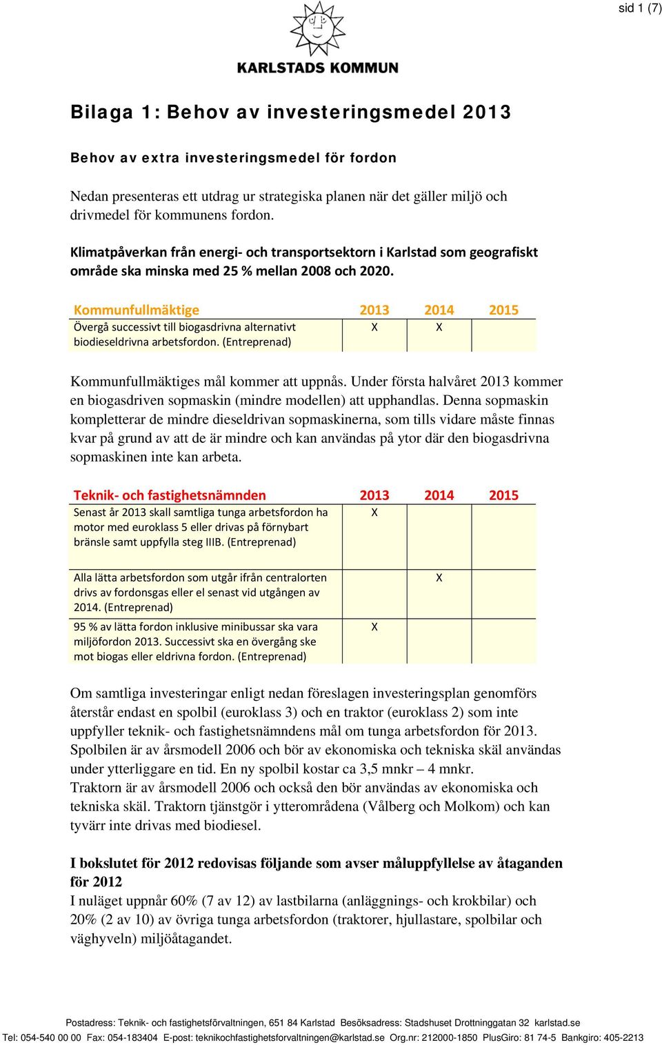 Kommunfullmäktige 2013 2014 2015 Övergå successivt till biogasdrivna alternativt X X biodieseldrivna arbetsfordon. (Entreprenad) Kommunfullmäktiges mål kommer att uppnås.