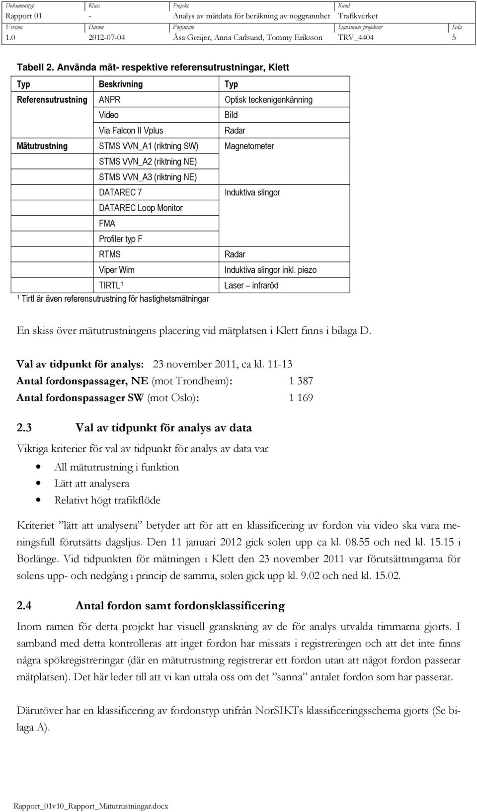 Använda mät- espektive efeensutustninga, Klett Typ Beskivning Typ Refeensutustning ANPR Optisk teckenigenkänning Video Bild Via Falcon II Vplus Rada Mätutustning STMS VVN_A1 (iktning SW) Magnetomete