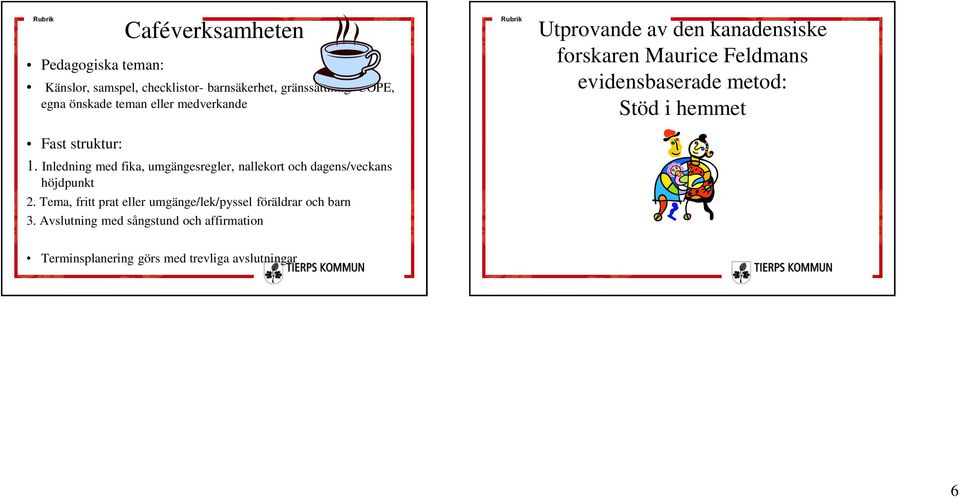struktur: 1. Inledning med fika, umgängesregler, nallekort och dagens/veckans höjdpunkt 2.