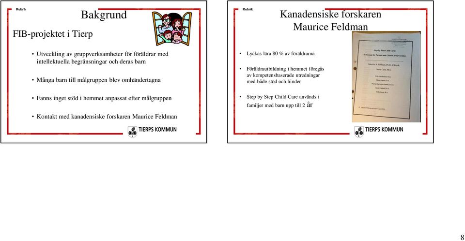 efter målgruppen Kontakt med kanadensiske forskaren Maurice Feldman Lyckas lära 80 % av föräldrarna Föräldrautbildning i