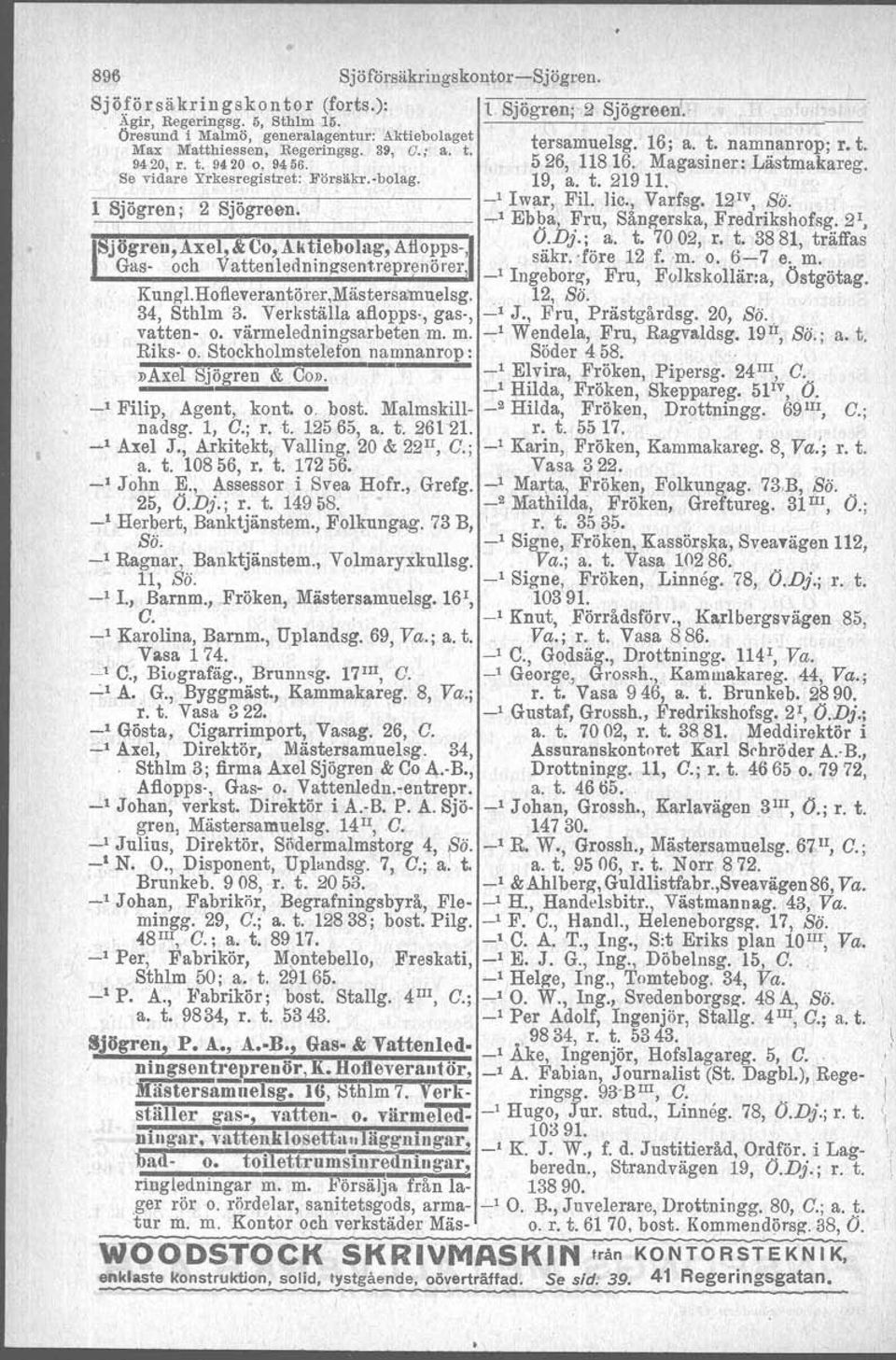 9456.,,. agasmer i as ma areg. Se vidare Yrkesregistret: Försäkr.-bolag. 19, a. t. 21911.} 1 s," 2 S.. -' Iwar, Fil. Iic., Varfsg. 12'v, ss.. ~ogren; Jogre0n. ~, Ebba, Fru, Sångerska, Fredrikshofsg.