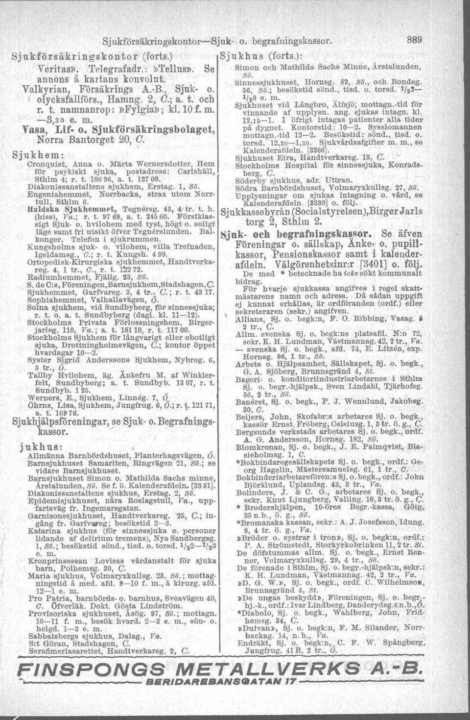 Märta '~lernersdotter, Hem för psykiskt sjuka, postadress: CarlshäIl, Sthlm 4; r. t. 10696, a. t. 13708. Diakonissanstaltens sjukhem, Erstag. 1, SÖ. Eugeniahemmet, Norrbacka, strax utom Norrtull.