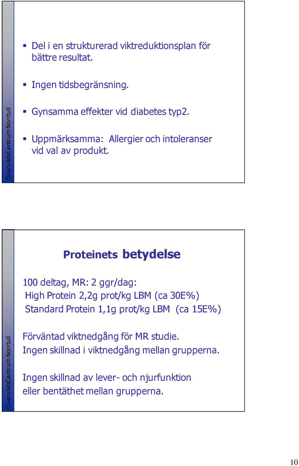 Proteinets betydelse 100 deltag, MR: 2 ggr/dag: High Protein 2,2g prot/kg LBM (ca 30E%) Standard Protein 1,1g prot/kg