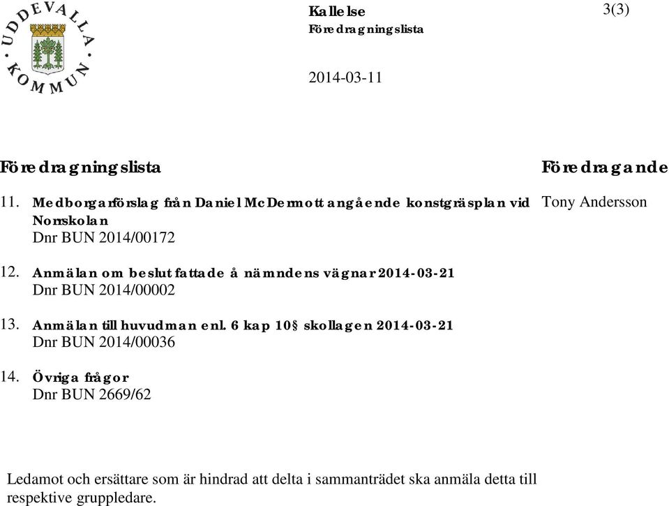 Andersson 12. Anmälan om beslut fattade å nämndens vägnar 2014-03-21 Dnr BUN 2014/00002 13. Anmälan till huvudman enl.