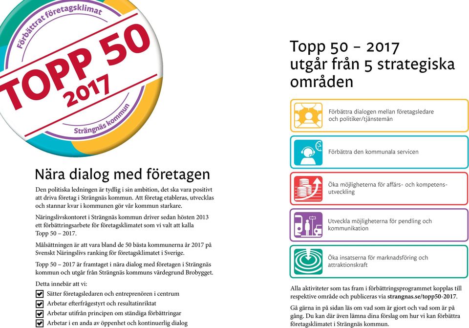 Näringslivskontoret i Strängnäs kommun driver sedan hösten 2013 ett förbättringsarbete för företagsklimatet som vi valt att kalla Topp 50 2017.