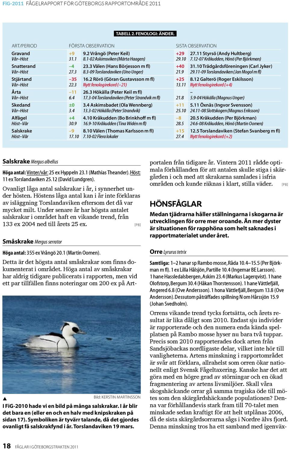 10 Trädgårdsföreningen (Carl Jyker) Vår Höst 27.3 8.3-09 Torslandaviken (Uno Unger) 21.9 29.11-09 Torslandaviken (Jan Mogol m fl) Stjärtand 35 16.2 Rörö (Göran Gustavsson m fl) +25 8.