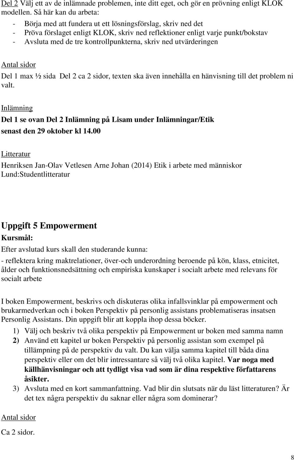 kontrollpunkterna, skriv ned utvärderingen Antal sidor Del 1 max ½ sida Del 2 ca 2 sidor, texten ska även innehålla en hänvisning till det problem ni valt.