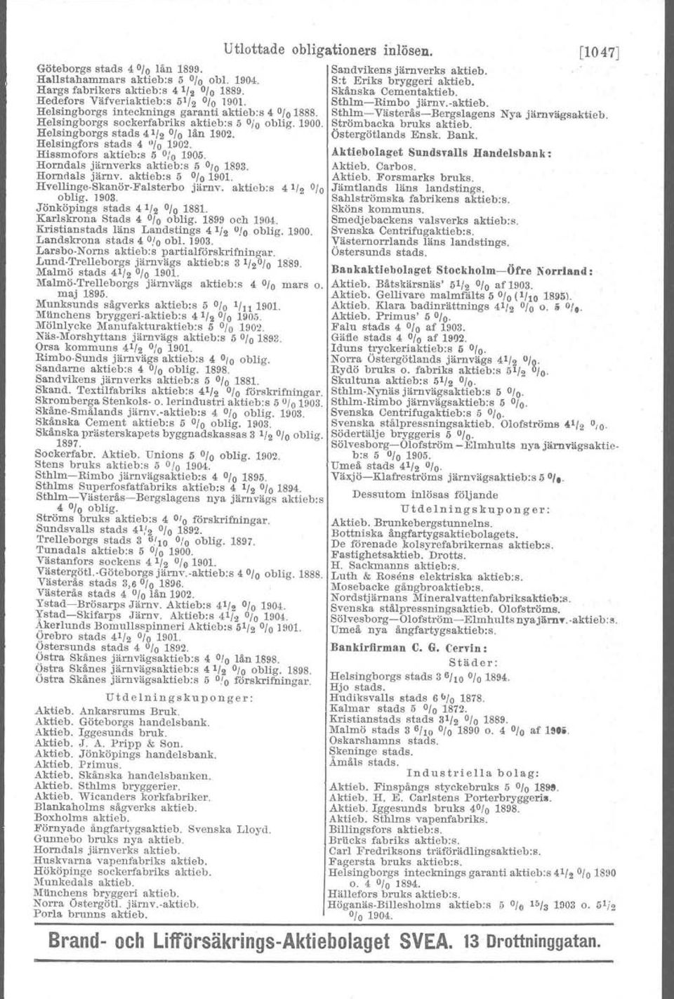 Hissmotors aktieh:s 5 "t» 1905. Horndals järnverks aktieb:s 5 0/0 1893. Horndals järnv. aktieb:s 5 0/O 1901. Hvellinge-Skanör-Falsterbo järnv. aktieb:s oblig. 1903. Jönköpings stads 4 1/2 0/O 1881.