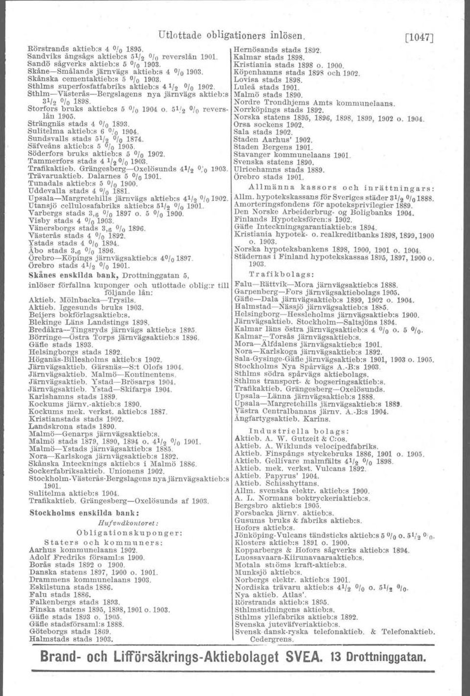 Sthlms superfosfatfabriks aktieb:s 41/2 % 1902. Luleå stads 1901. Sthlm-Västerås-Bergslagens nya järnvägs aktieb:s Malmö stads 1890. 3 1 /2 Storfors 10 1898. bruks aktieb:s 5 0/O 1904 O. 51.