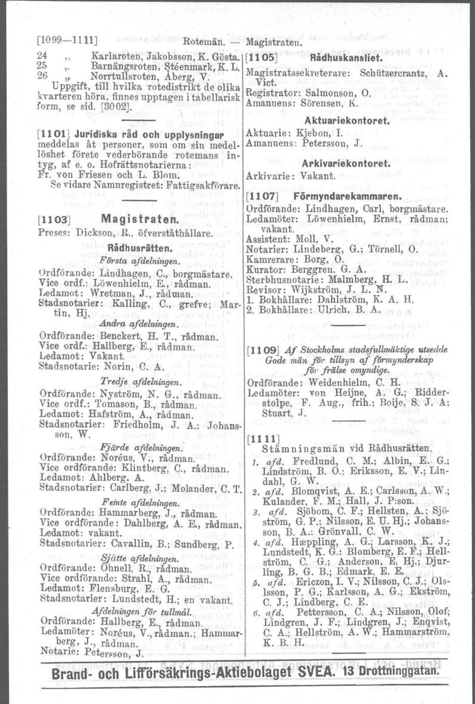 ' Amanuens: Sorensen, K. Aktuariekontoret. [11 01] Juridiska r~d och upplysningar Aktuarie: Kjebon, I. meddelas åt personer, som om sin medel- Amanuens: Petersson? J. löshet förete vederbörande rotemans intyg, af e, o.