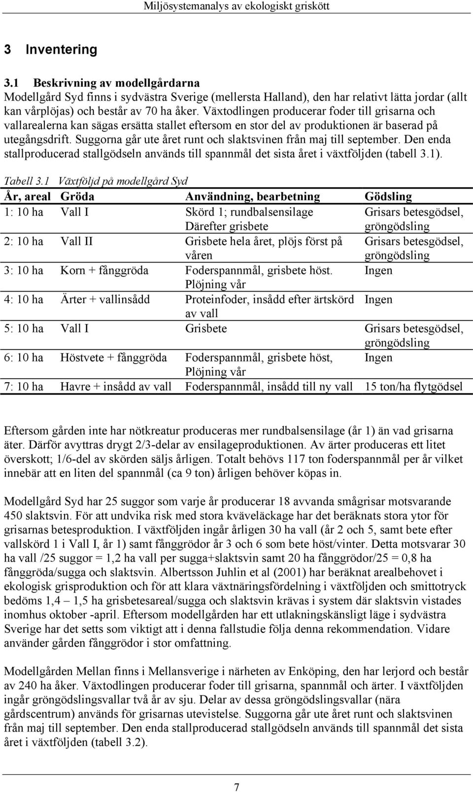 Suggorna går ute året runt och slaktsvinen från maj till september. Den enda stallproducerad stallgödseln används till spannmål det sista året i växtföljden (tabell 3.1). Tabell 3.