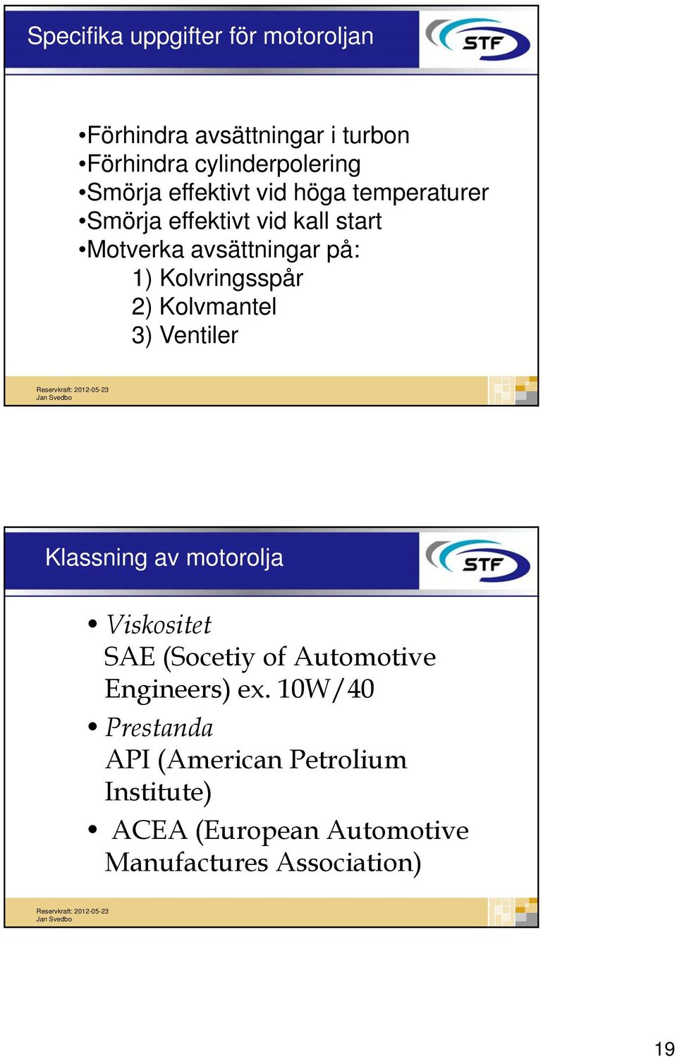 Kolvringsspår 2) Kolvmantel 3) Ventiler Klassning av motorolja Viskositet SAE (Socetiy of Automotive