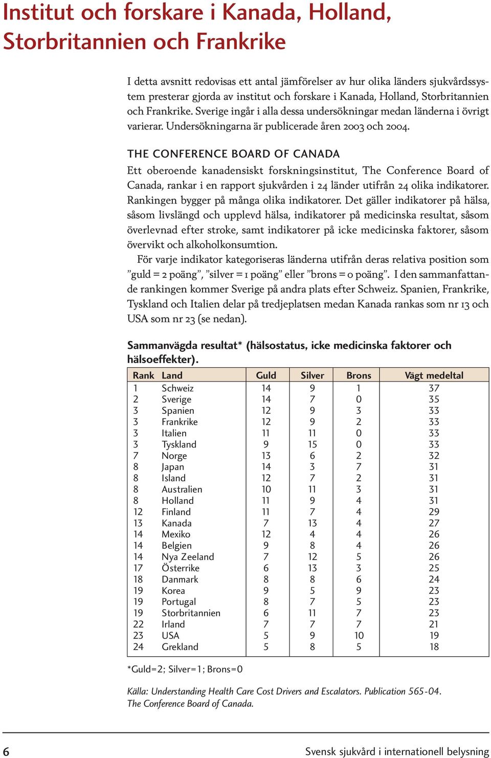THE CONFERENCE BOARD OF CANADA Ett oberoende kanadensiskt forskningsinstitut, The Conference Board of Canada, rankar i en rapport sjukvården i 24 länder utifrån 24 olika indikatorer.
