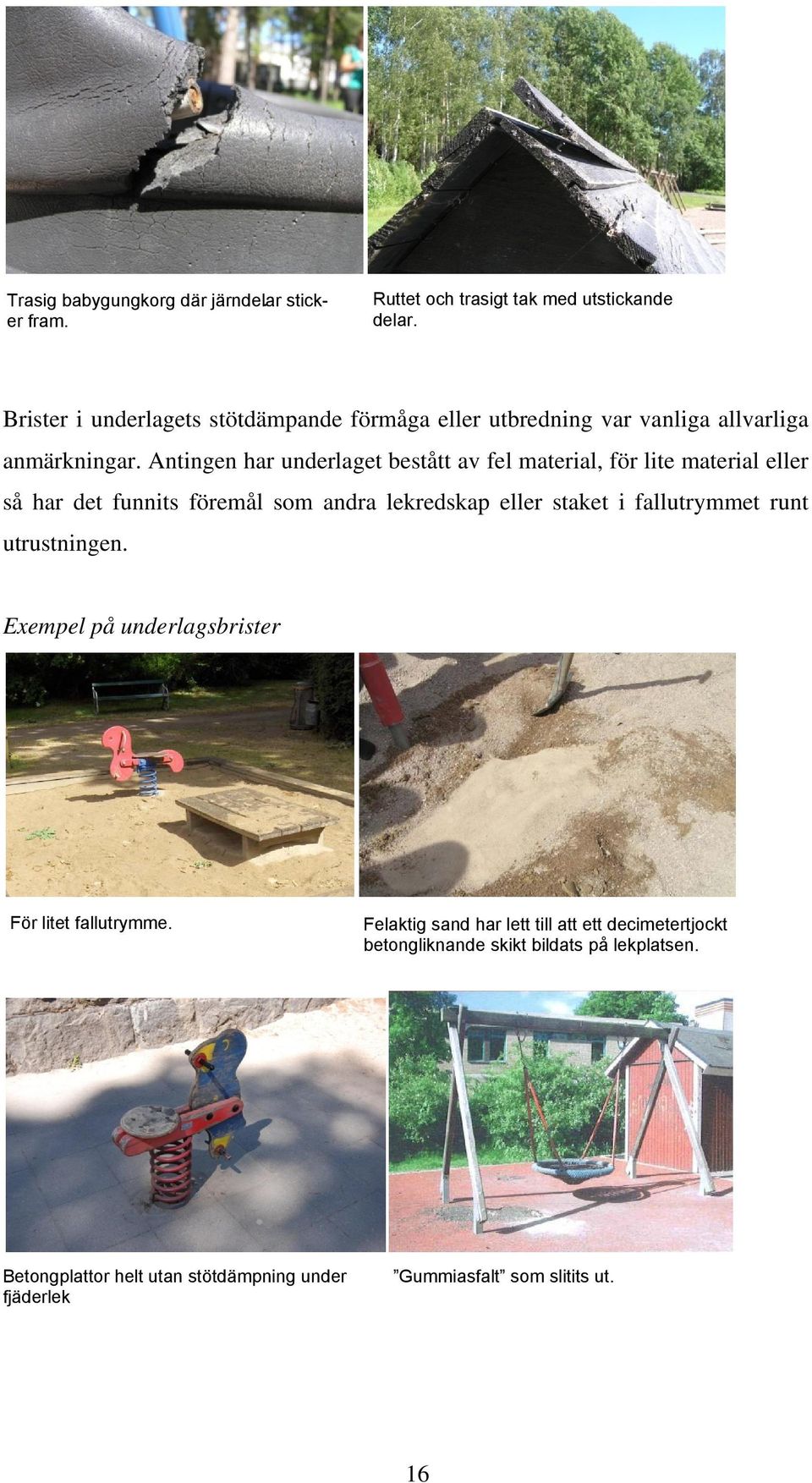 Antingen har underlaget bestått av fel material, för lite material eller så har det funnits föremål som andra lekredskap eller staket i