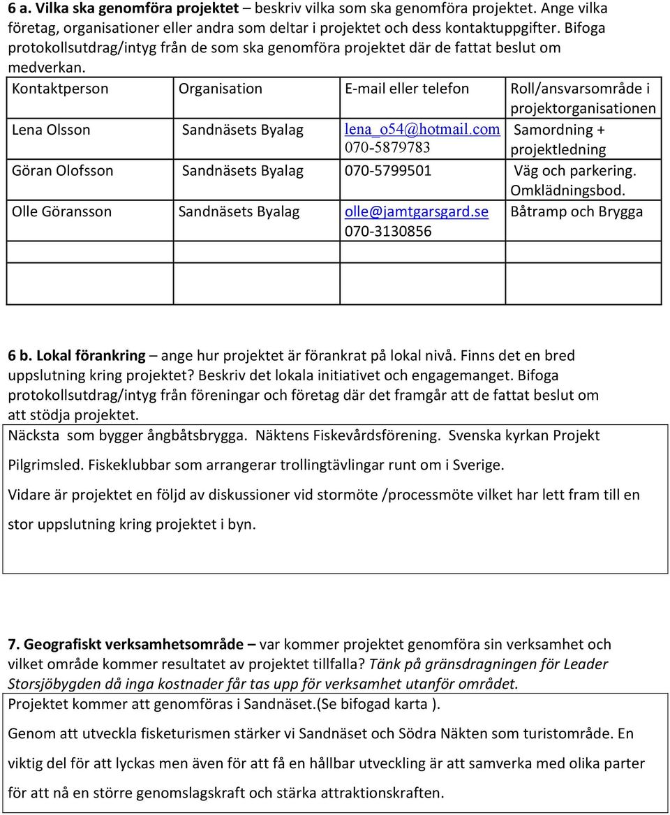 Kontaktperson Organisation E- mail eller telefon Roll/ansvarsområde i projektorganisationen Lena Olsson Sandnäsets Byalag lena_o54@hotmail.