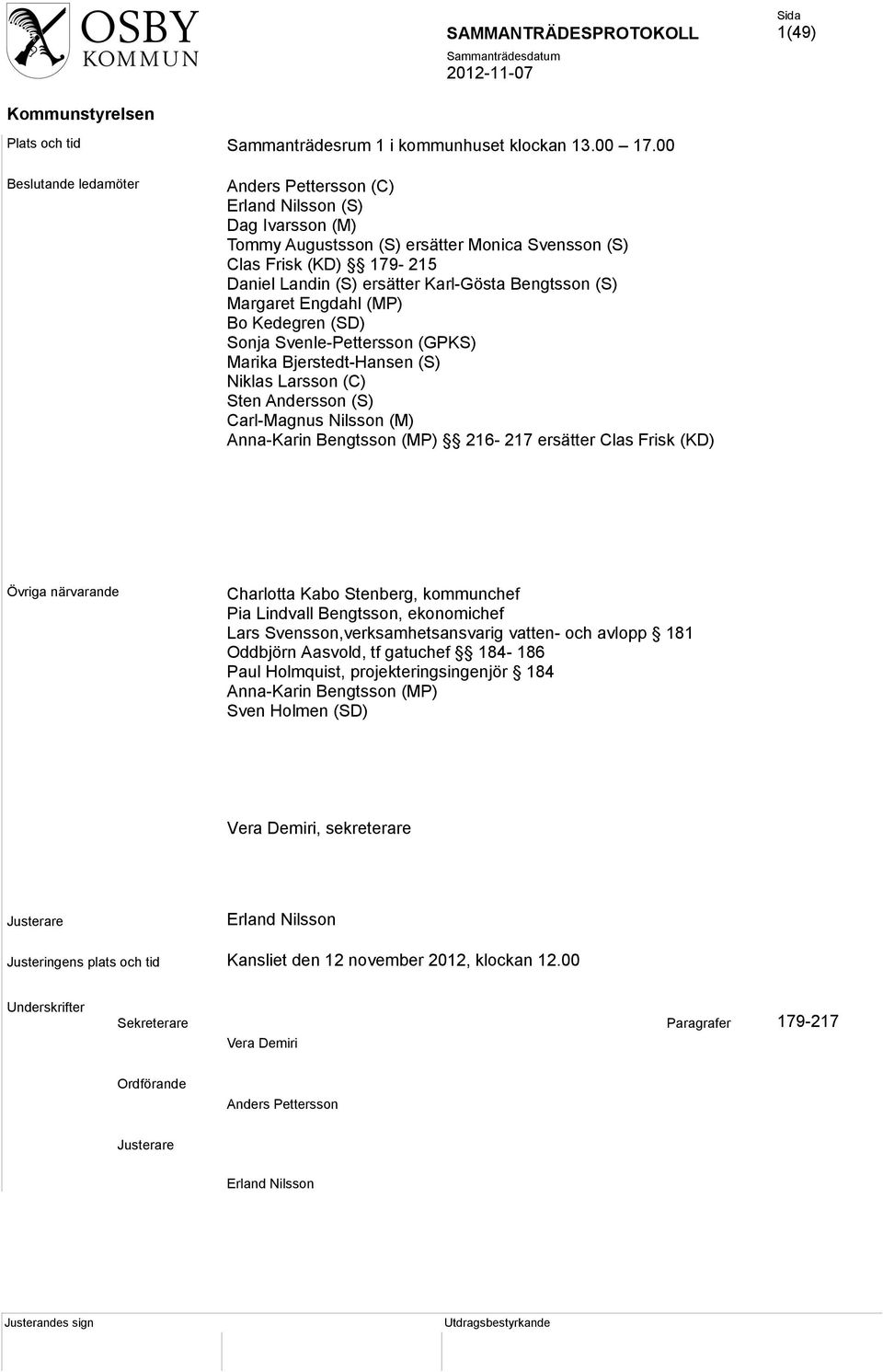 (S) Margaret Engdahl (MP) Bo Kedegren (SD) Sonja Svenle-Pettersson (GPKS) Marika Bjerstedt-Hansen (S) Niklas Larsson (C) Sten Andersson (S) Carl-Magnus Nilsson (M) Anna-Karin Bengtsson (MP) 216-217