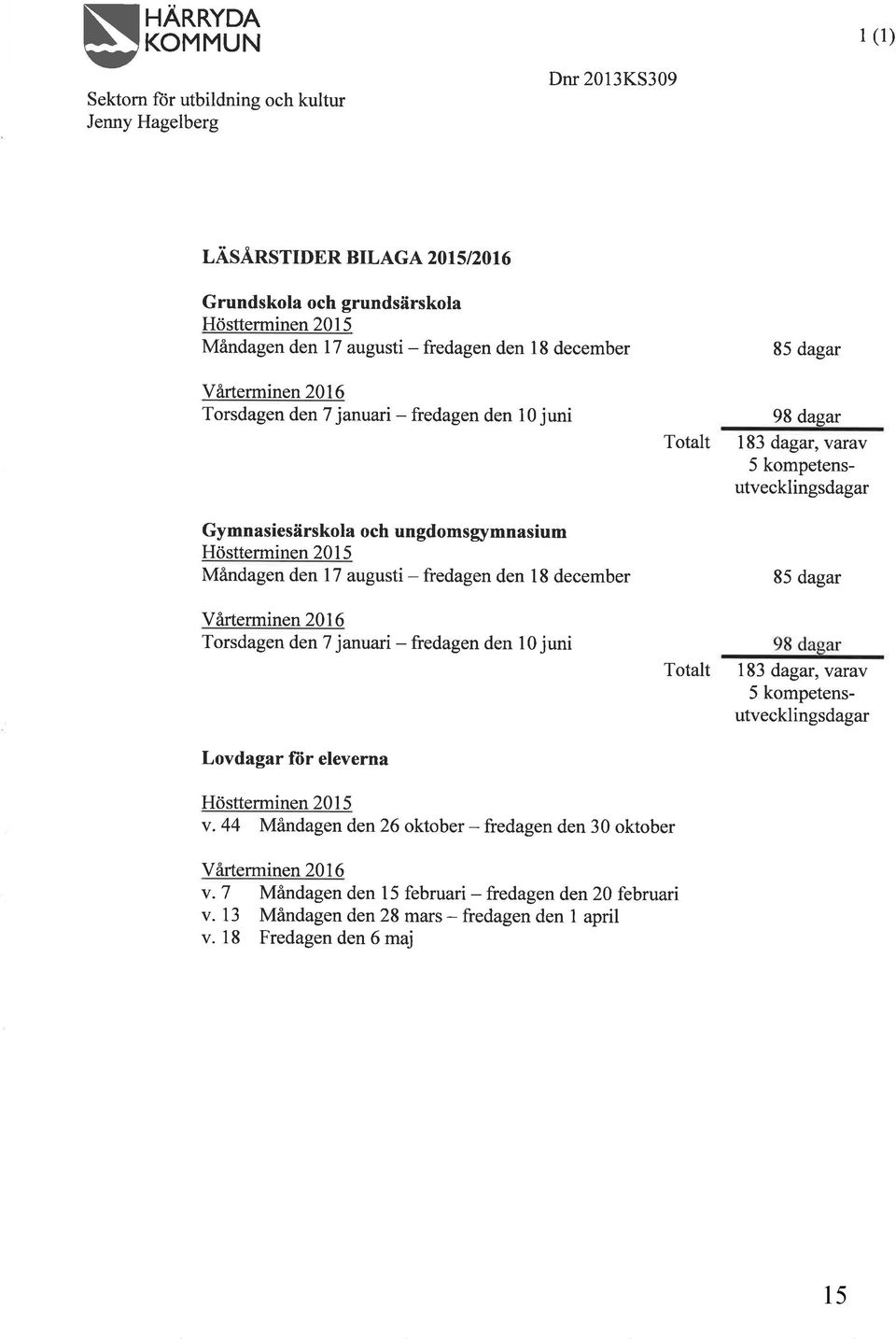 Vårterminen20l6 Torsdagen den Tjanuari - fredagen den l0juni 85 dagar 98 dagar Totalt 183 dagar, varav 5 kompetensutvecklingsdagar 85 dagar Totalt 183 dagar, varav 5 kompetensutvecklingsdagar