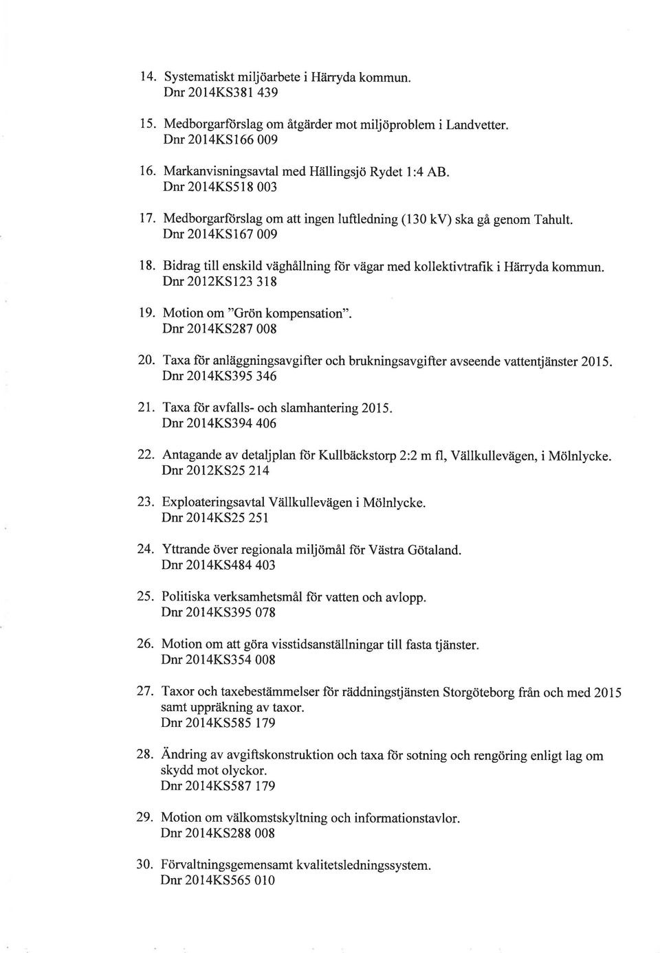 Bidrag till enskild väghållning ftir vägar med kollektivtrafik i Hänyda kommun. Drr20l2KSl23 318 19. Motion om "Grön kompensation". Dnr 2014KS287 008 20.