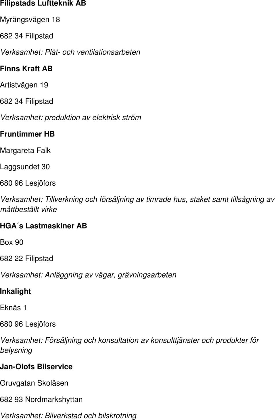 HGA s Lastmaskiner AB Box 90 682 22 Filipstad Verksamhet: Anläggning av vägar, grävningsarbeten Inkalight Eknäs 1 Verksamhet: Försäljning och