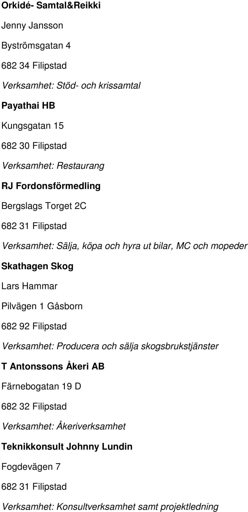 Skathagen Skog Lars Hammar Pilvägen 1 Gåsborn Verksamhet: Producera och sälja skogsbrukstjänster T Antonssons Åkeri AB