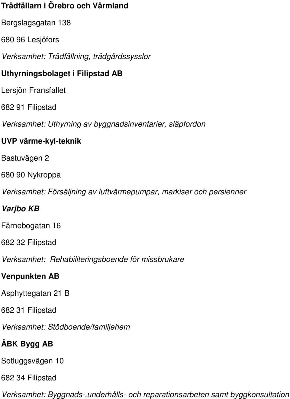 luftvärmepumpar, markiser och persienner Varjbo KB Färnebogatan 16 682 32 Filipstad Verksamhet: Rehabiliteringsboende för missbrukare Venpunkten AB