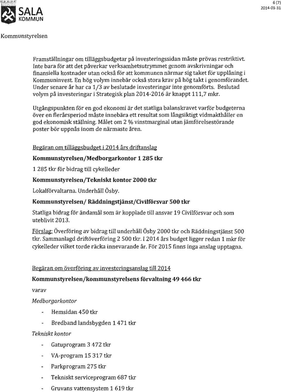 ca 1/3 av beslutade investeringar inte genomförts, Beslutad volym på investeringar i strategisk plan 2014-2016 är knappt 111,7 mkr.