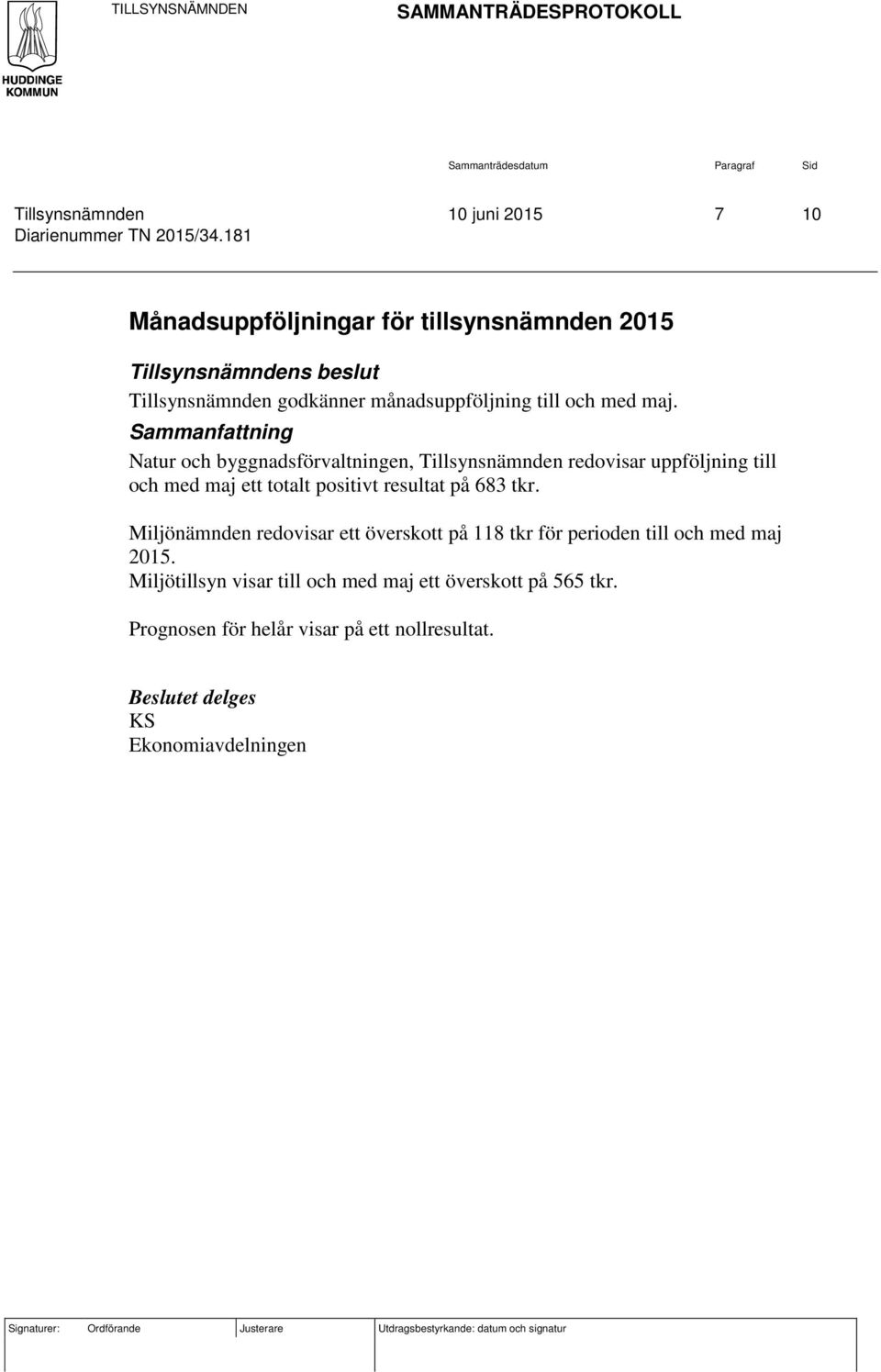 Sammanfattning Natur och byggnadsförvaltningen, Tillsynsnämnden redovisar uppföljning till och med maj ett totalt positivt resultat på 683