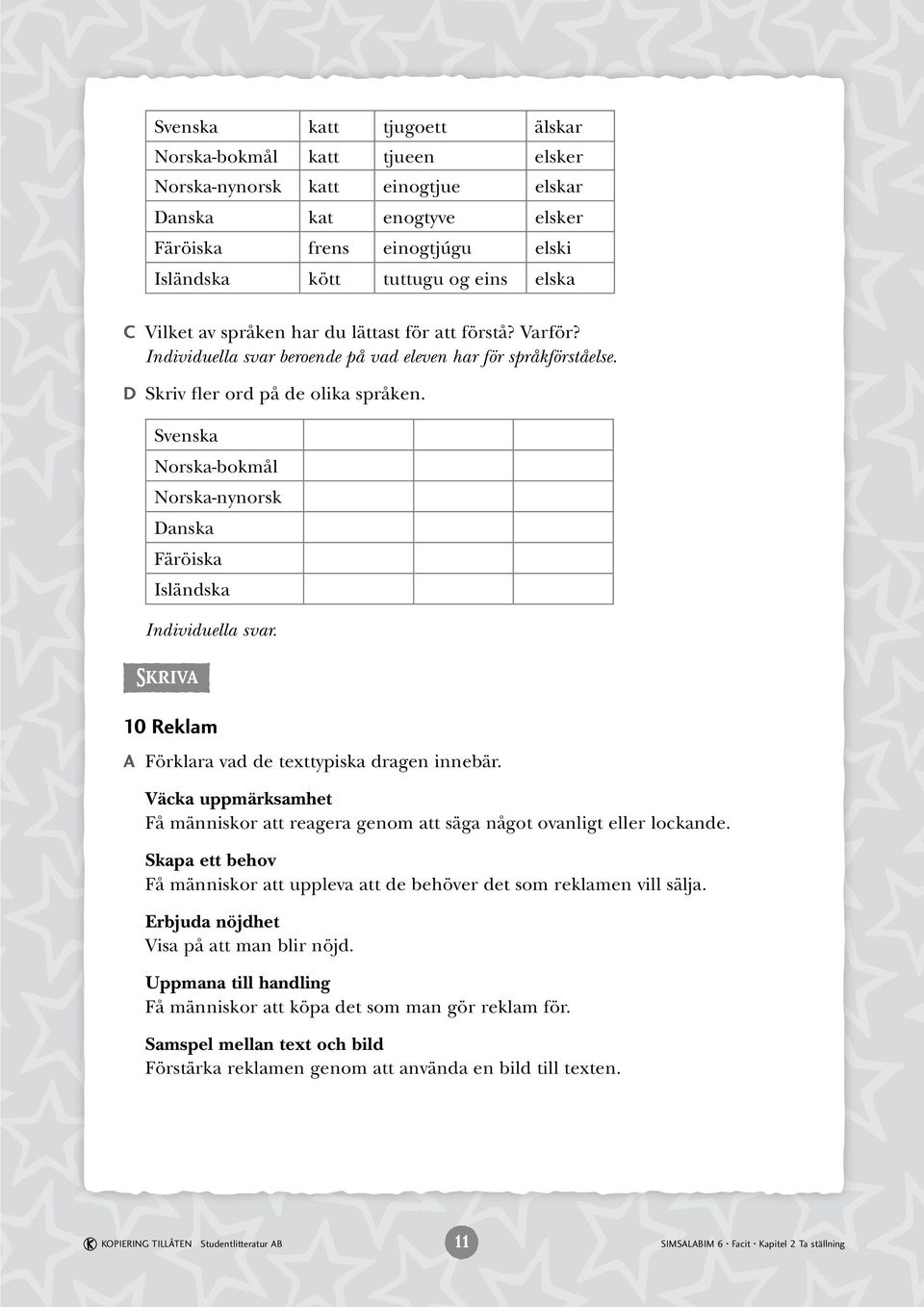 Svenska Norska-bokmål Norska-nynorsk Danska Färöiska Isländska Skriva 10 Reklam A Förklara vad de texttypiska dragen innebär.