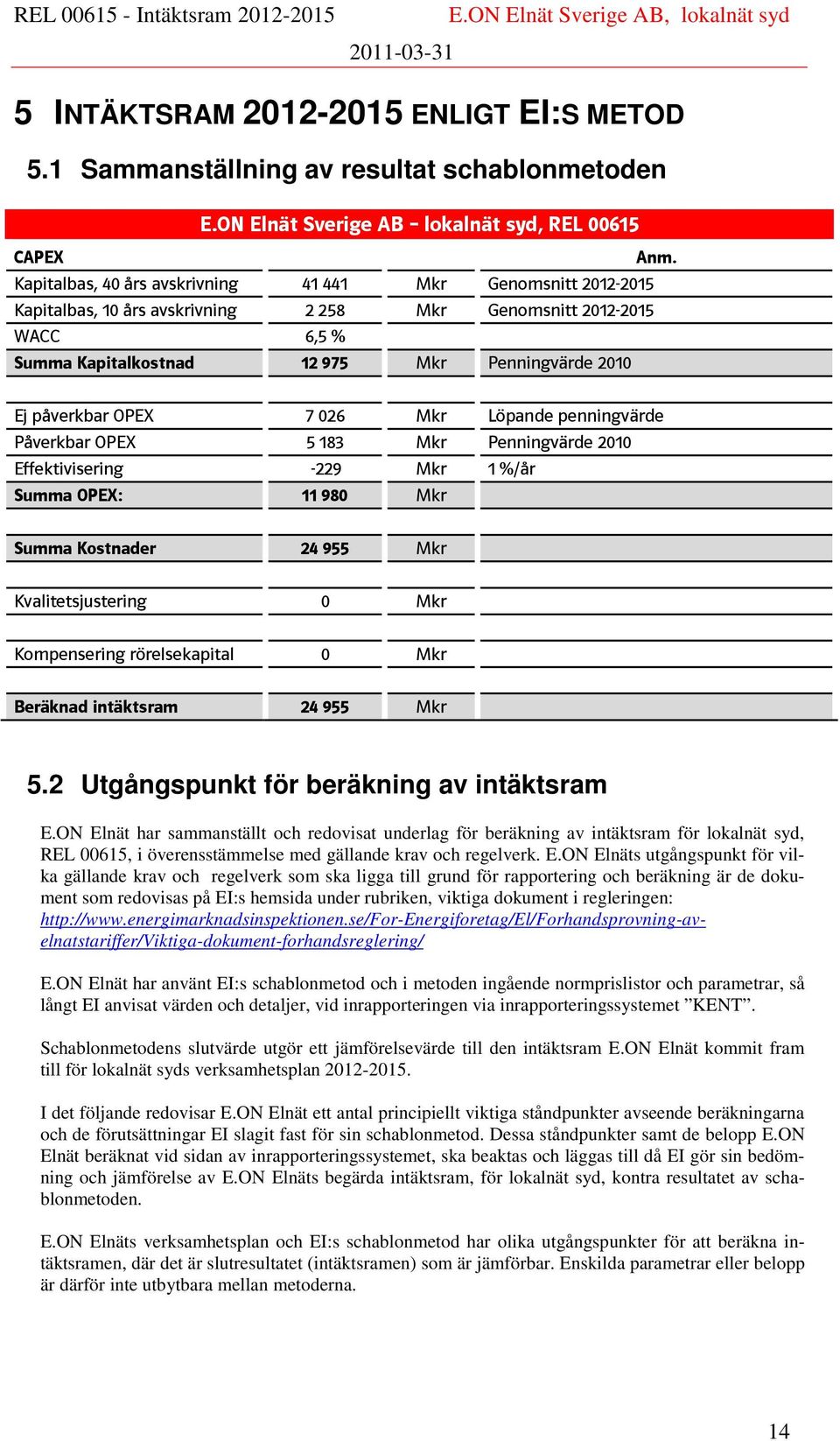 OPEX 7 026 Mkr Löpande penningvärde Påverkbar OPEX 5 183 Mkr Penningvärde 2010 Effektivisering -229 Mkr 1 %/år Summa OPEX: 11 980 Mkr Summa Kostnader 24 955 Mkr Kvalitetsjustering 0 Mkr Kompensering